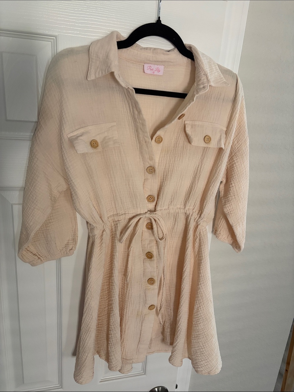 Beige Button-Front Drawstring Shirt Style Dress - very cozy and flowy/breathable